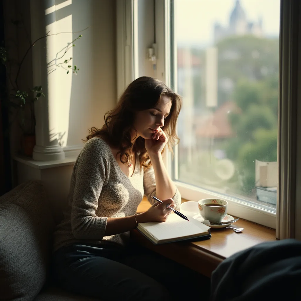 Thoughtful journaling by window